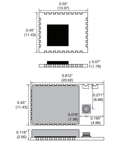 Mechanical Drawing - TE Connectivity / Linx Technologies HumPRC™ 900MHz RF Modules